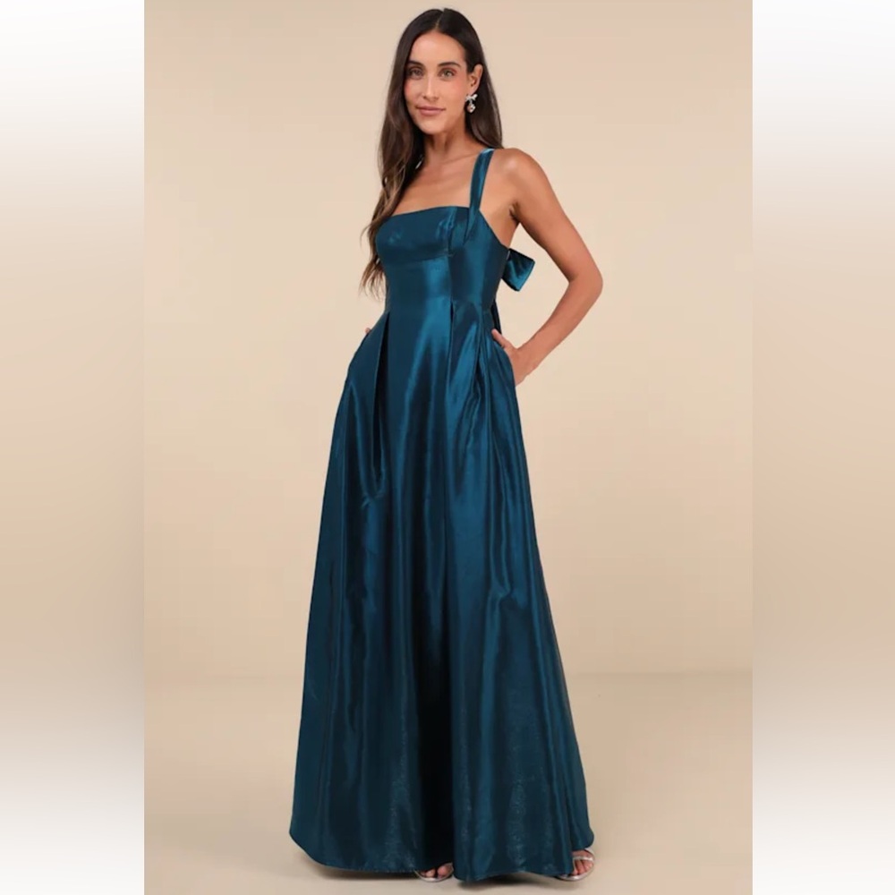 Immaculate Aura Shiny Dark Teal Taffeta Maxi Dress With Pockets